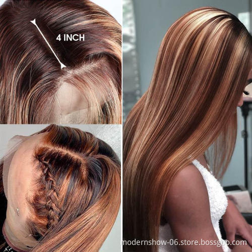 Highlight Straight Lace Front Wig P4/27 Honey Blonde Brown Pre Plucked Brazilian Remy Lace Frontal Human Hair Wigs For Women